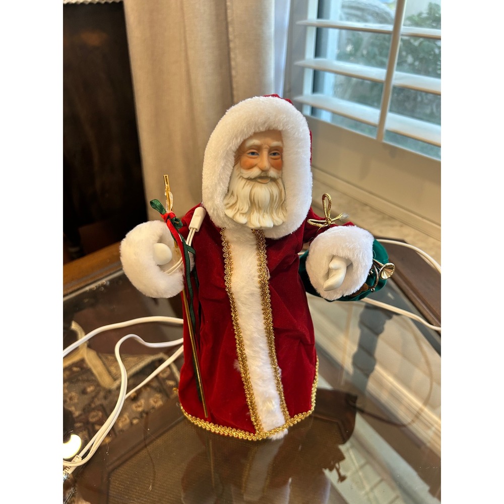 Vintage Animated Santa Claus Tree Topper Red Velvet Gold Trim Christmas Decor